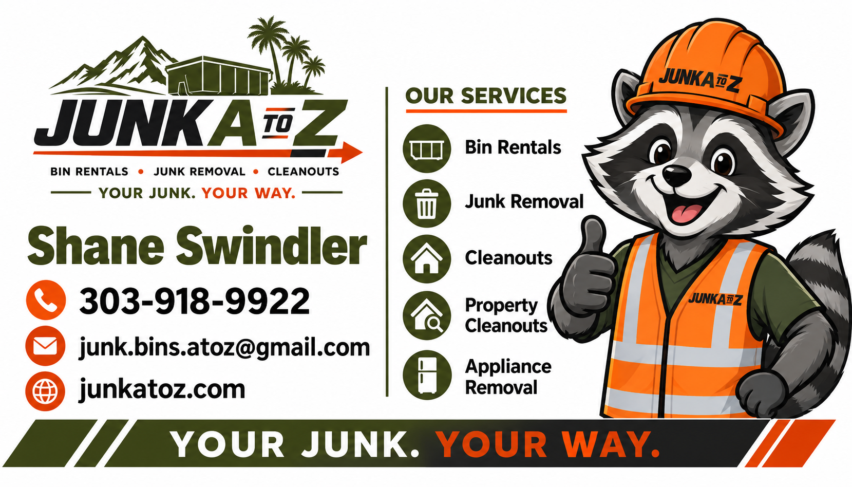 Our friendly raccoon mascot in an orange hard hat and safety vest, giving a thumbs-up